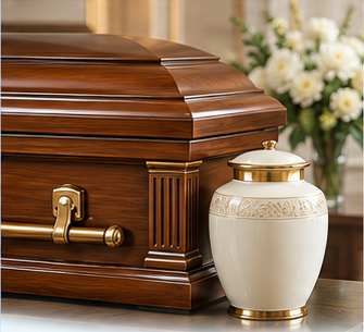 A polished brown casket beside a white memorial urn